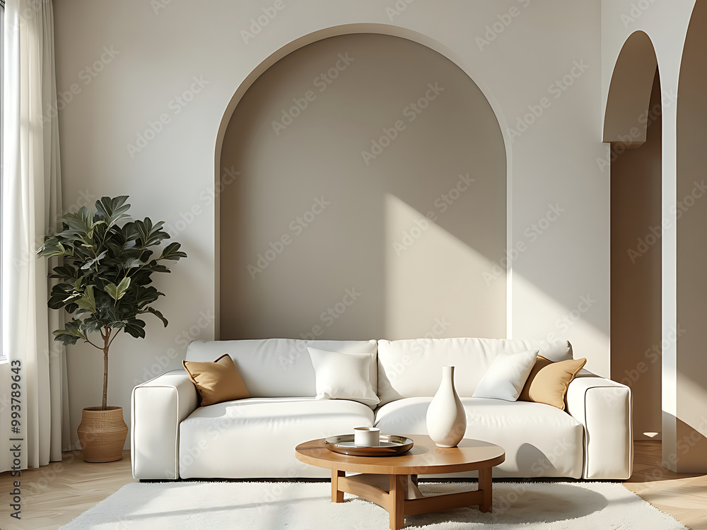 Fototapeta premium A bright and airy living room with a comfortable white sofa, a round wooden coffee table, and elegant arched alcoves. Sunlight streams through the window, creating a warm and inviting atmosphere.