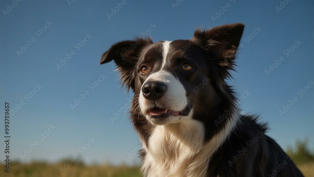 Border Collie looking up against a clear blue sky, curious and attentive. Border Collie looking up against a clear blue sky, curious and attentive.