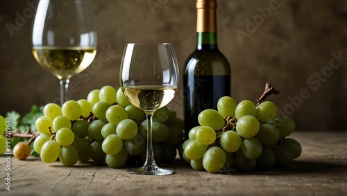 Bottle of white wine lying beside green grapes and a wineglass.