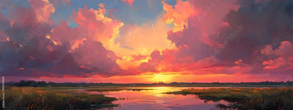 A painting of the sunset over a marsh, with pink and orange clouds in the sky A painting of the sunset over a marsh, with pink and orange clouds in the sky