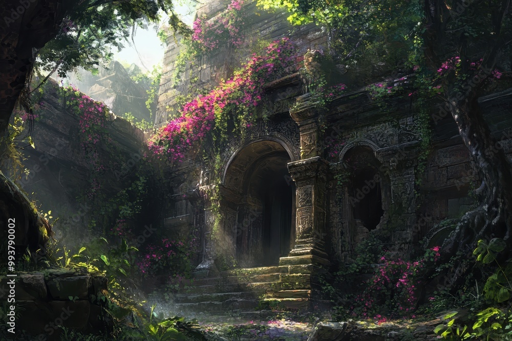 Ancient Stone Archway Overgrown with Vines and Flowers in a Lush Jungle Ancient Stone Archway Overgrown with Vines and Flowers in a Lush Jungle