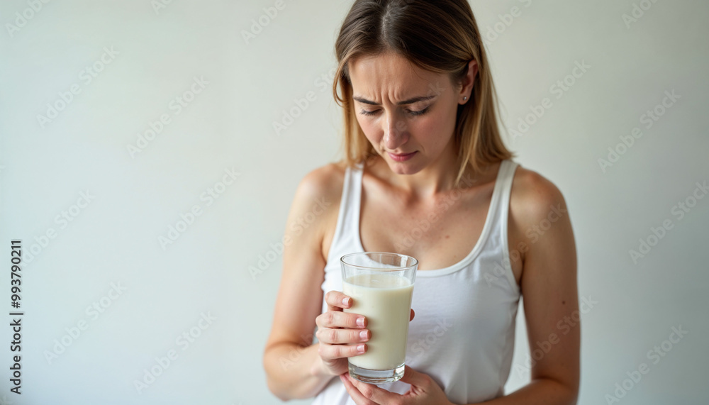 lactose intolerance concept. Woman holding a glass of milk and having a stomachache. lactose intolerance concept. Woman holding a glass of milk and having a stomachache.
