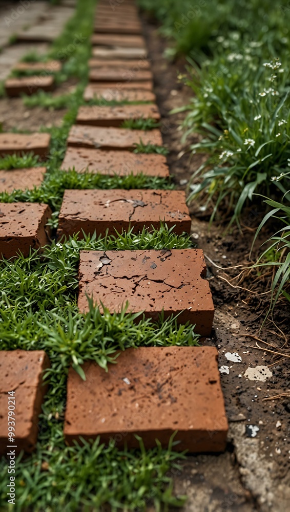 Brick pathway with grass growing between the cracks. Brick pathway with grass growing between the cracks.