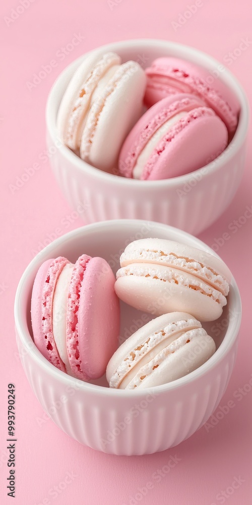 Fototapeta premium Delicious pink macarons in white bowls on a pink background.