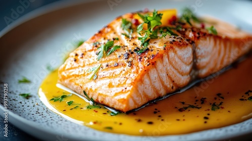 A delicious piece of grilled salmon adorned with aromatic herbs and a beautifully made sauce that enhances the naturally rich and tender flavors of the perfectly cooked fish.