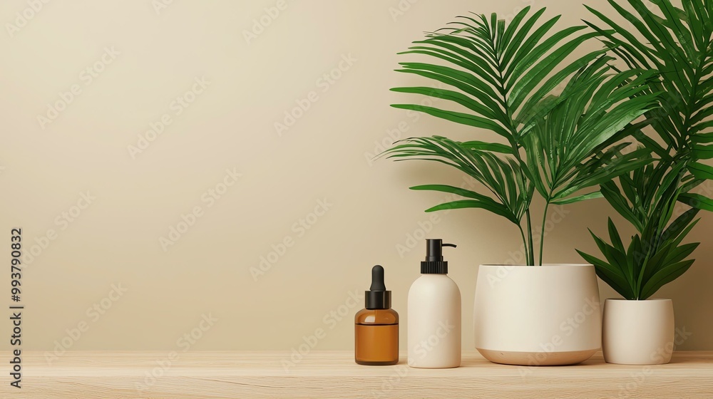 Natural skincare products with plants on wooden table. Natural skincare products with plants on wooden table.