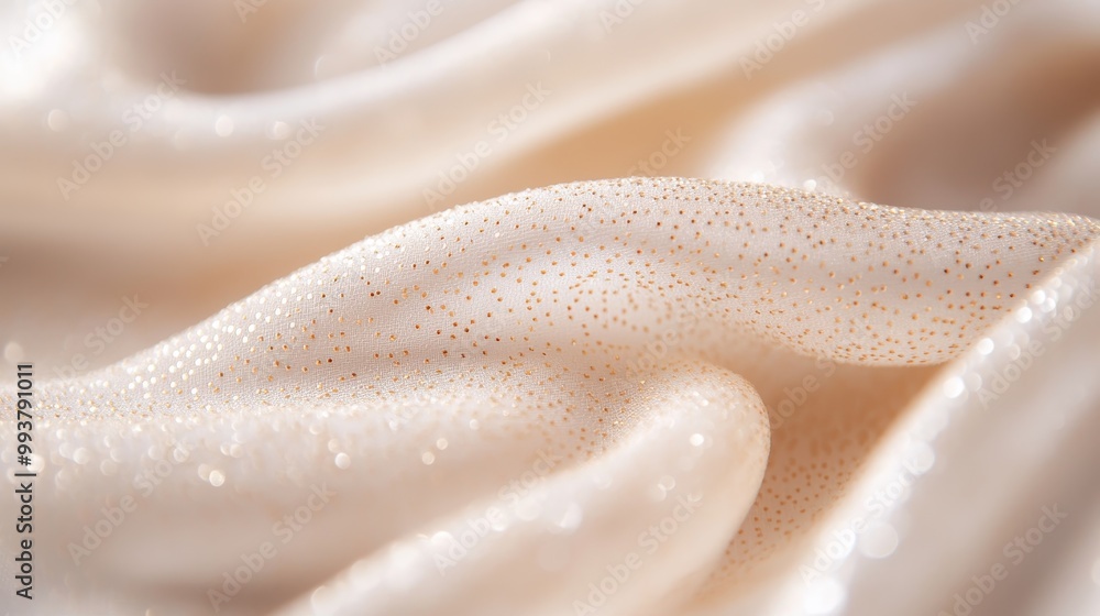 A close-up view of white fabric adorned with tiny gold specks, showcasing a beautiful and artistic pattern that enhances the fabric's texture and visual appeal. A close-up view of white fabric adorned with tiny gold specks, showcasing a beautiful and artistic pattern that enhances the fabric's texture and visual appeal.
