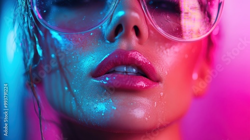 A vibrant close-up portrait captures the reflection in a person's glasses, enveloped in neon pink and blue lighting, creating a modern and dynamic visual effect perfect for nightlife themes.