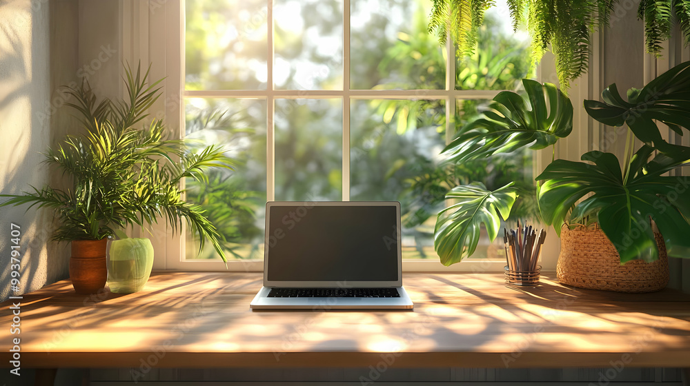 Laptop on a Wooden Desk with Plants and a Window View 3D Illustration Laptop on a Wooden Desk with Plants and a Window View 3D Illustration
