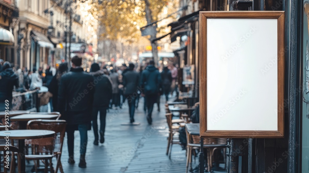 A blank white poster mockup on a chalkboard-style sign outside a bustling restaurant, framed by tables and passersby, perfect for illustrating business marketing and event ads. A blank white poster mockup on a chalkboard-style sign outside a bustling restaurant, framed by tables and passersby, perfect for illustrating business marketing and event ads.