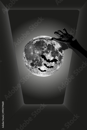 Hand reaching out from grave to moon. Halloween vector illustration