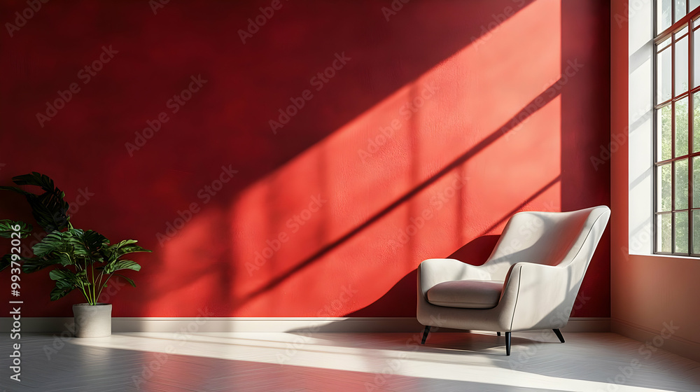 Red Wall Interior Design with a White Armchair and Sunlight Red Wall Interior Design with a White Armchair and Sunlight