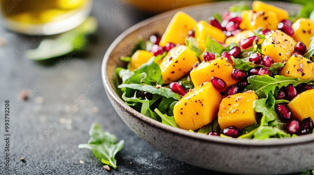 A delectable salad with chunks of fresh mango, pomegranate seeds, and a bed of arugula, garnished with a light seasoning. A vibrant, healthy dish for any meal. A delectable salad with chunks of fresh mango, pomegranate seeds, and a bed of arugula, garnished with a light seasoning. A vibrant, healthy dish for any meal.