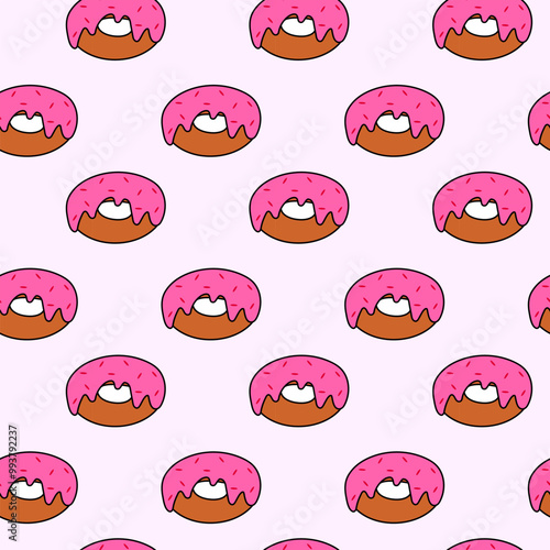 Vector seamless pattern with donuts pink glaze and sprinkles. Vector Flat illustration.