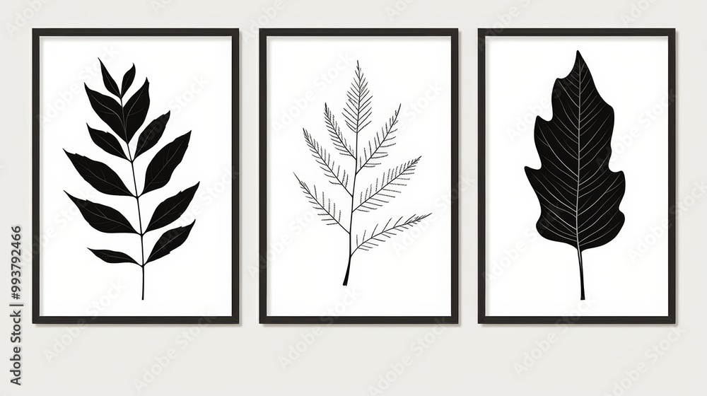 Three black and white leaf drawings in frames displayed on the wall Three black and white leaf drawings in frames displayed on the wall