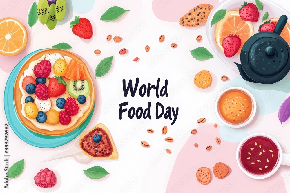 World Food Day poster or banner design on a white background. Top view of delicious breakfast dishes and flying eggs, bacon, cheese slices, tomato pieces World Food Day poster or banner design on a white background. Top view of delicious breakfast dishes and flying eggs, bacon, cheese slices, tomato pieces