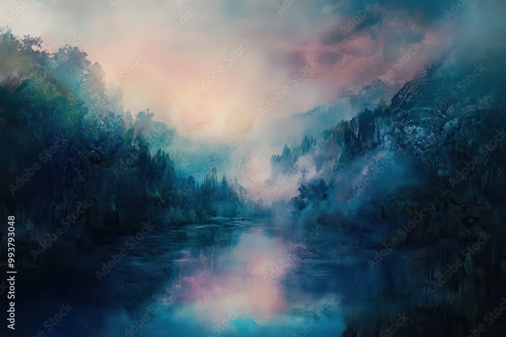 Obraz premium A Misty Forest Scene with a Serene Lake at Dusk