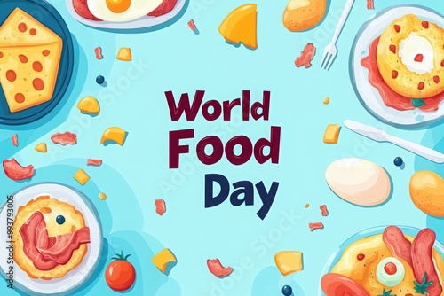 World Food Day poster or banner design on a white background. Top view of delicious breakfast dishes and flying eggs, bacon, cheese slices, tomato pieces