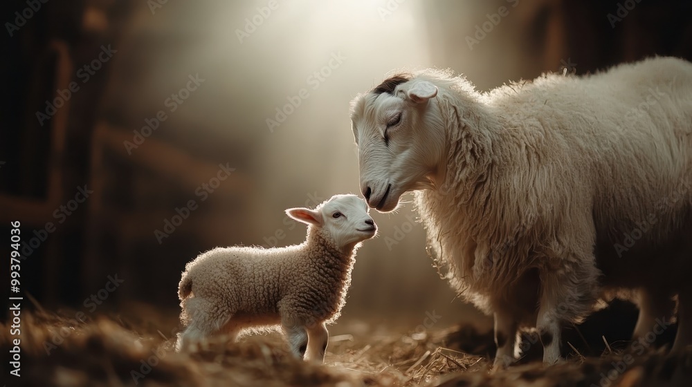 A mother sheep tenderly nuzzling her young lamb, both bathed in warm sunlight, capturing a heartwarming moment of affection in a rustic setting. A mother sheep tenderly nuzzling her young lamb, both bathed in warm sunlight, capturing a heartwarming moment of affection in a rustic setting.