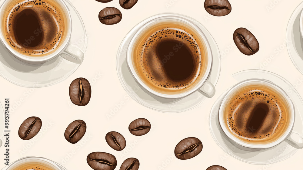 Obraz premium A seamless pattern of coffee cups filled with espresso and scattered coffee beans, set against a light background...