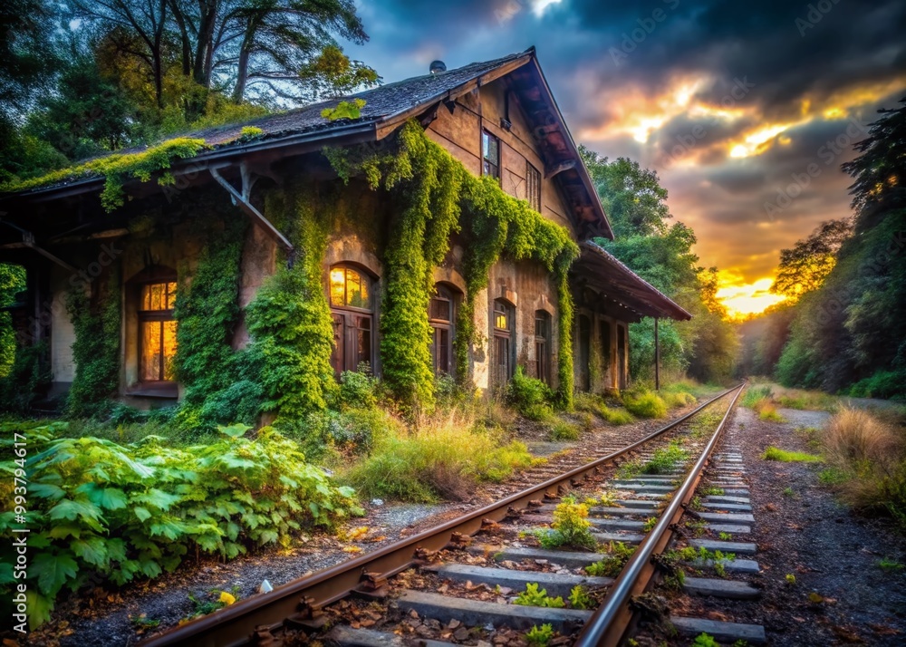 Obraz premium Abandoned Train Station Overgrown with Vegetation, Evoking a Haunting and Eerie Atmosphere in Nature