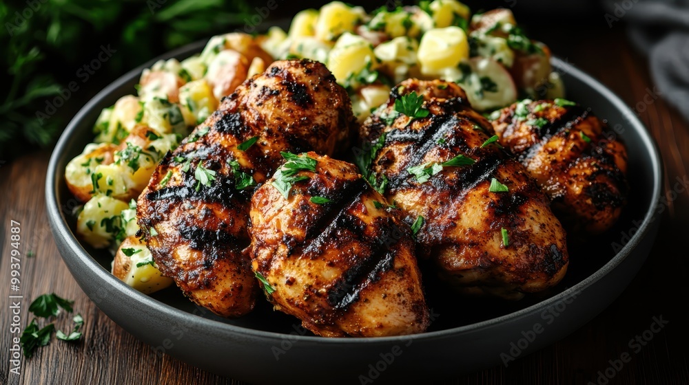 A close-up shot of grilled chicken served with a side of potato salad in a black bowl, garnished with fresh herbs, suitable for a delicious meal representation. A close-up shot of grilled chicken served with a side of potato salad in a black bowl, garnished with fresh herbs, suitable for a delicious meal representation.