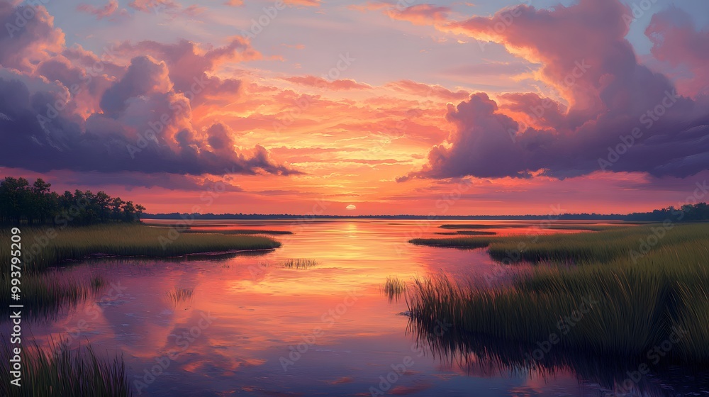 A painting of the sunset over a marsh, with pink and orange clouds in the sky A painting of the sunset over a marsh, with pink and orange clouds in the sky