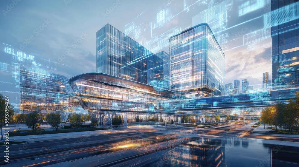 Innovative business landscape featuring sleek corporate offices and virtual interfaces in a smart city Innovative business landscape featuring sleek corporate offices and virtual interfaces in a smart city
