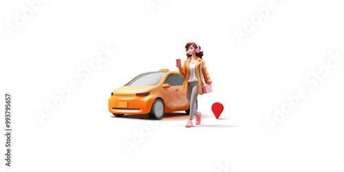 3D modern yellow taxi, a young woman with coffee, and a location icon. Banner for taxi service, passenger transportation, safety, and lifestyle concepts. Vector illustration.