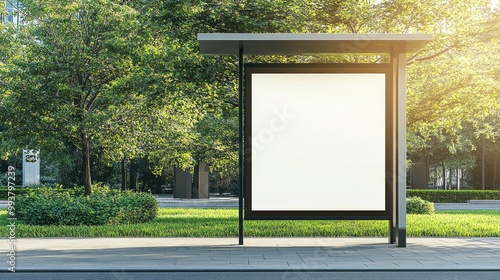 A vertical blank billboard mockup on a bus shelter, with a green park background, creating a refreshing setting for creative advertising or branding content.