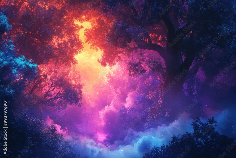 Silhouetted Trees Against a Neon-Colored Sky Silhouetted Trees Against a Neon-Colored Sky