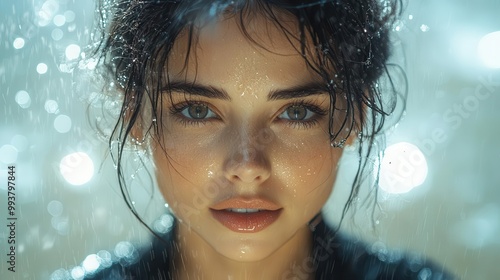 portrait of a sophisticated businesswoman standing in the rain exuding confidence and poise with raindrops accentuating her determined expression