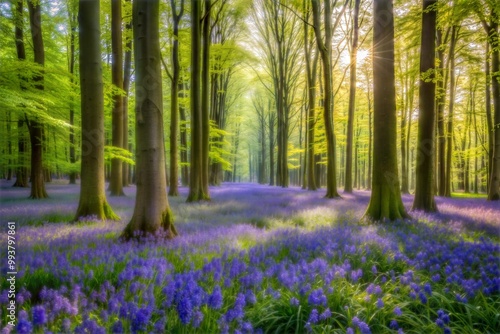 Sunlit forest path with blooming bluebells