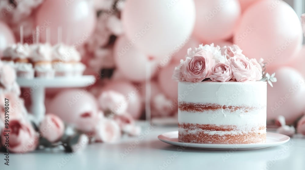 An elegant, semi-naked cake adorned with delicate pink roses, set on a plate with a backdrop of pink balloons and floral decor, exuding a romantic ambiance. An elegant, semi-naked cake adorned with delicate pink roses, set on a plate with a backdrop of pink balloons and floral decor, exuding a romantic ambiance.