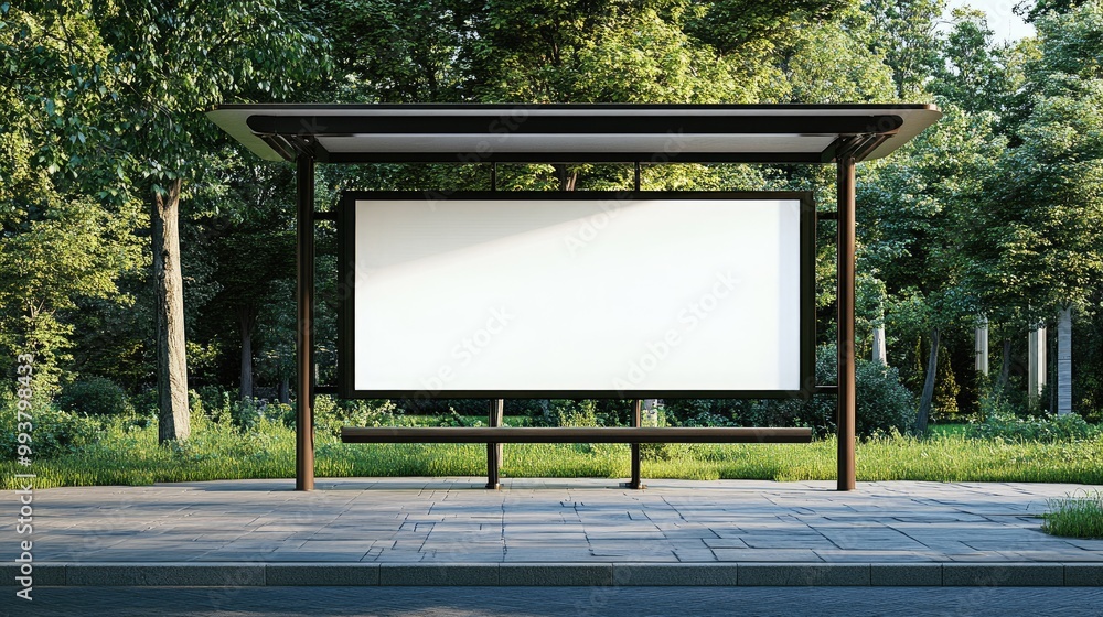 Fototapeta premium A white blank advertising billboard on a bus shelter, with green park scenery in the background, providing a calm, outdoor space for marketing mockups or promotional designs.