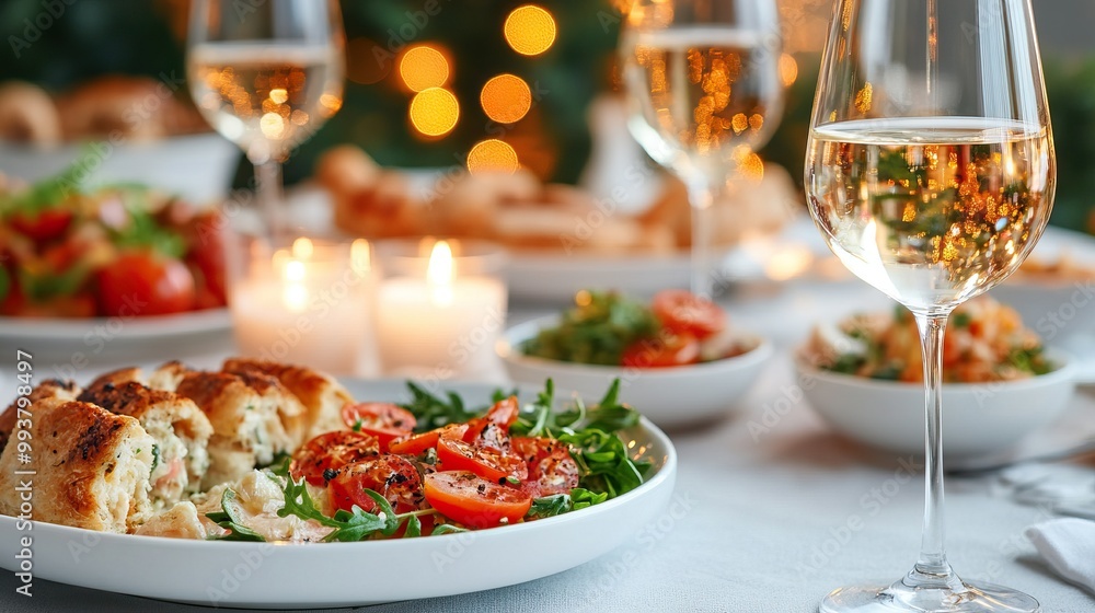 A beautifully arranged table featuring a fresh salad and elegant glasses of sparkling wine, with soft candlelight and festive bokeh in the background. A beautifully arranged table featuring a fresh salad and elegant glasses of sparkling wine, with soft candlelight and festive bokeh in the background.