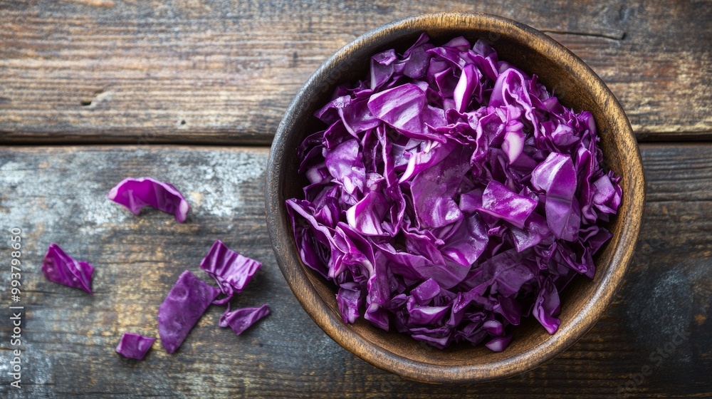 A bowl of chopped red cabbage sits on a rustic wooden surface. There's plenty of room around the bowl for text or images. A bowl of chopped red cabbage sits on a rustic wooden surface. There's plenty of room around the bowl for text or images.