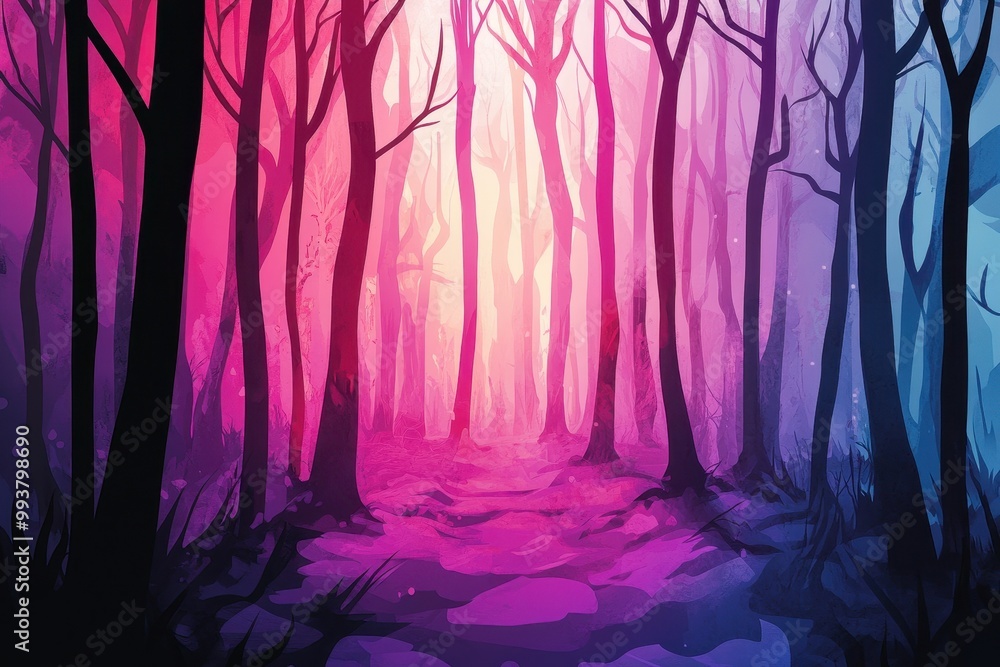 A Path Through a Surreal, Dreamlike Forest Bathed in Pink and Blue Hues A Path Through a Surreal, Dreamlike Forest Bathed in Pink and Blue Hues
