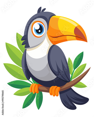 Cartoon toucan, adorable bird character, large orange beak, big expressive eyes