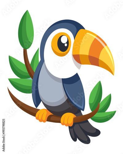 Cartoon toucan, adorable bird character, large orange beak, big expressive eyes