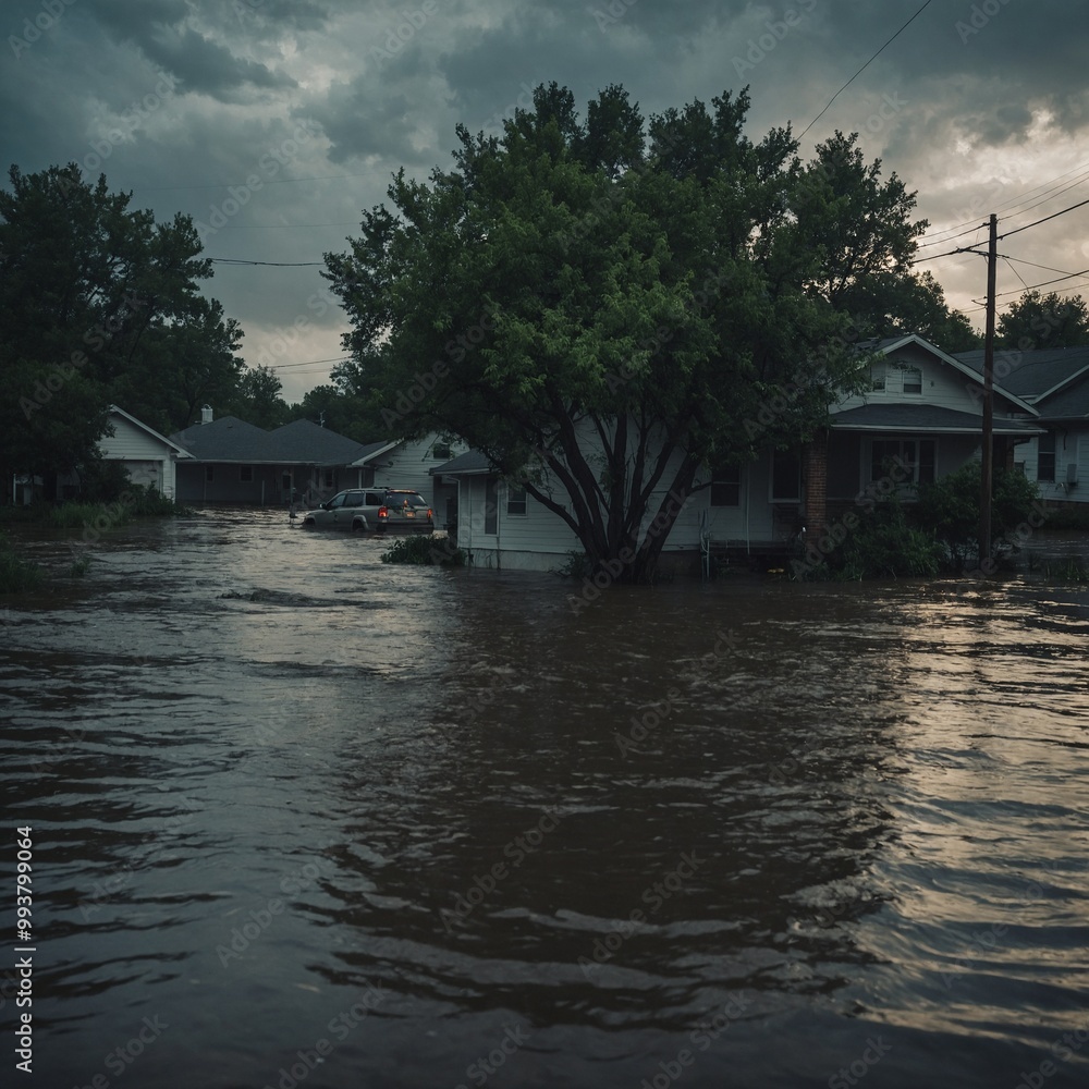 Fototapeta premium Heavy rains lead to catastrophic flooding in urban areas with streets and properties submerged