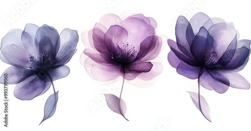 Set of three elegant modern art prints featuring abstract botanical flower designs in soothing purple and grey tones