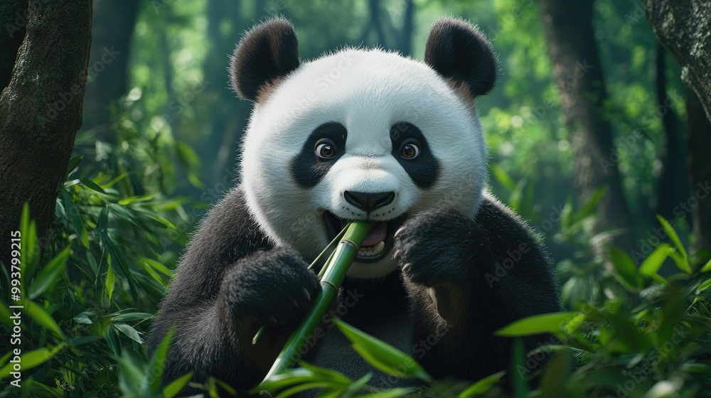Obraz premium A giant panda chewing bamboo in a Chinese forest, with room for copy space in the background.