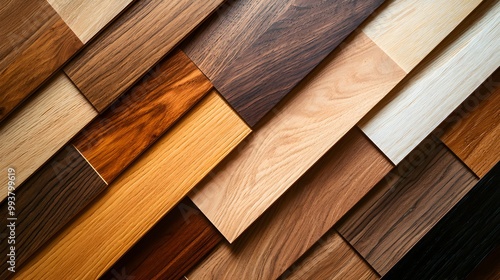 Collection of wooden flooring samples with a range of shades and grains, neatly arranged for a contemporary design presentation