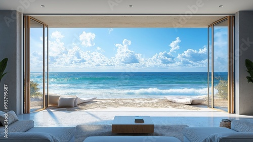 A beachfront house with large glass doors opening to a sandy shore and ocean wave.