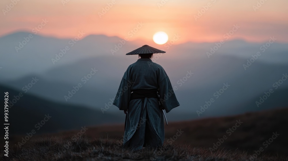 A samurai dressed in traditional attire is seen from behind, gazing at the gentle sunrise over misty mountains, creating a serene and contemplative atmosphere. A samurai dressed in traditional attire is seen from behind, gazing at the gentle sunrise over misty mountains, creating a serene and contemplative atmosphere.