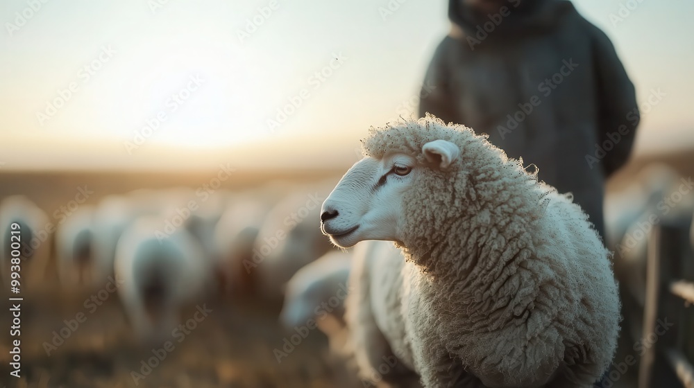 A tranquil capture of a sheep in a vast open field, with a person standing in the background and more sheep fading into the distance, evoking a sense of serenity and simplicity. A tranquil capture of a sheep in a vast open field, with a person standing in the background and more sheep fading into the distance, evoking a sense of serenity and simplicity.