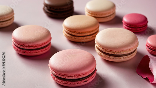 A perfectly round pink macarons with chocolate filling against a matching pink background.