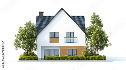 3D rendering of a house model with a simple white background. It is a modern, two-story, small family home