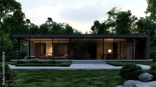 Sleek modern minimalist house featuring clean lines and large glass windows surrounded by a serene landscape with manicured gardens emphasizing simplicity and elegance in residential architecture